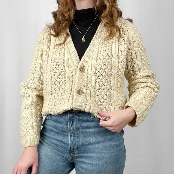 Vintage Hand Knit Oversized Cable Knit Aran Fisherman Cardigan Sweater Grandpa - Picture 4 of 13